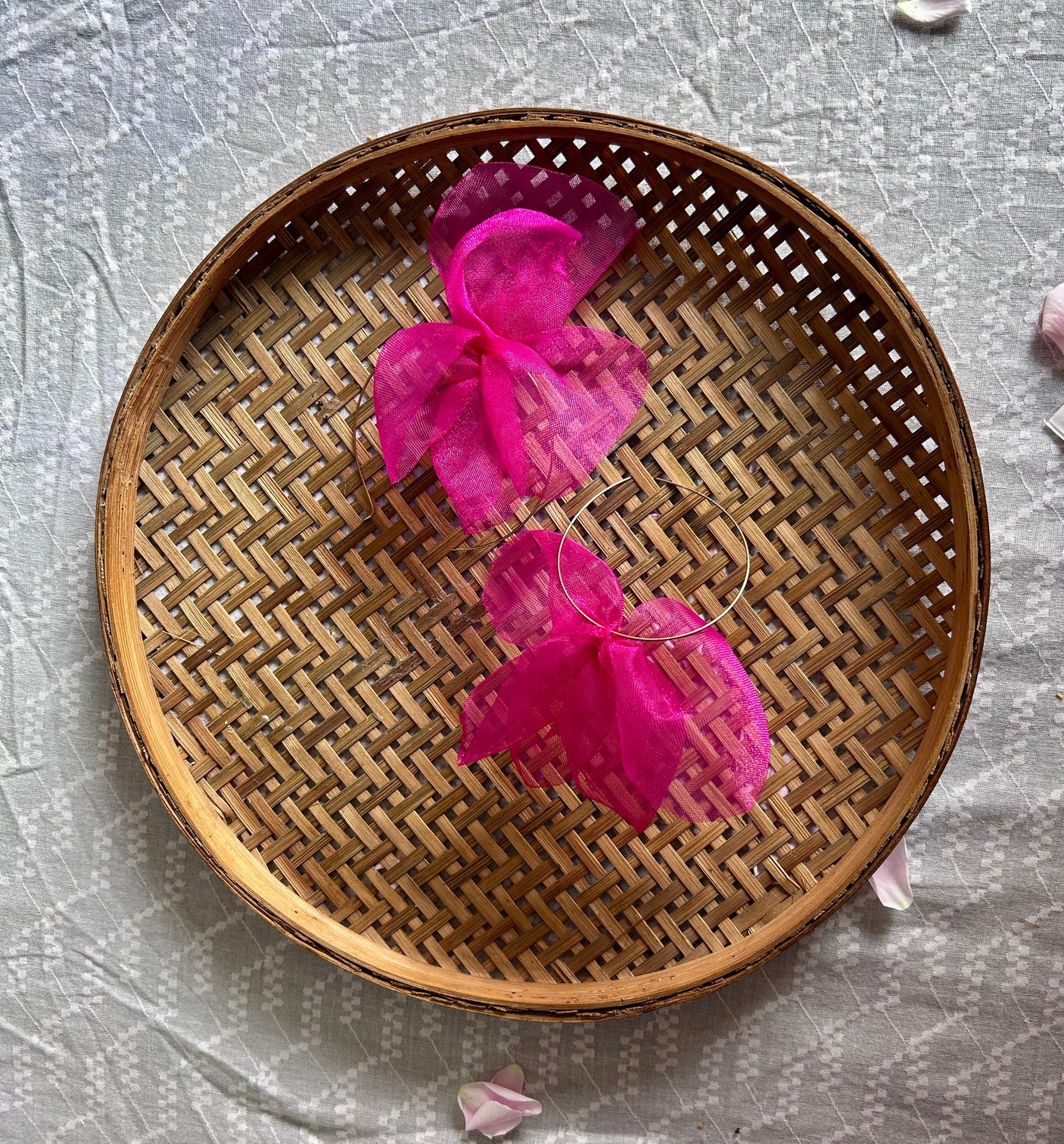 Pink Organza Fabric Flower Gold Toned Hoop Earrings
