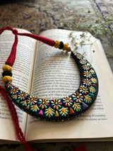 Black and Multi-Color Hand-Painted Flower Motifs Terracotta Clay Adjustable Length Choker Necklace Set