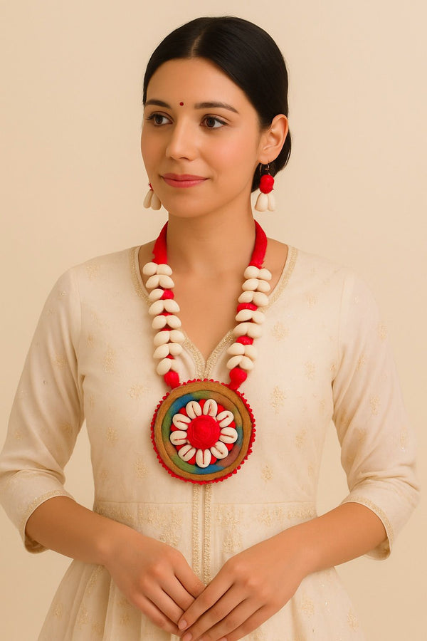 Shell and Jute Work Kantha Embroidered Fabric Necklace Set
