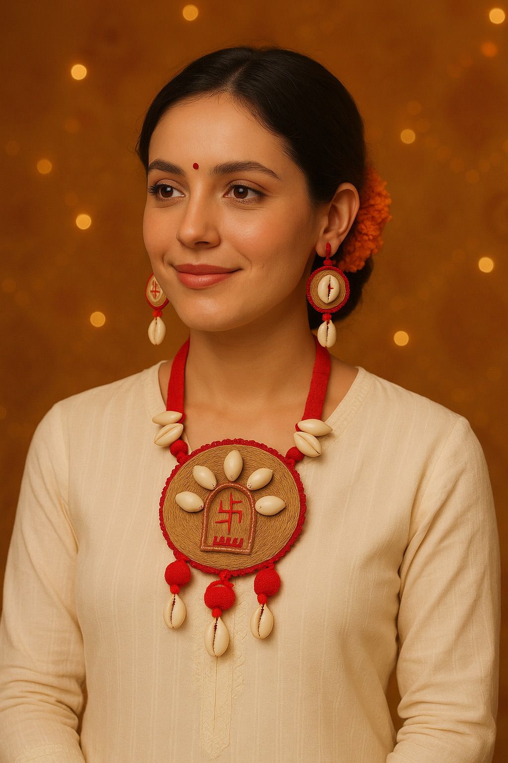 Jute and Shell Work Handcrafted Necklace Set with Thread Closure