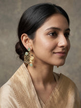 Honeycomb Bee Gold Drop Earrings with Natural Gemstones