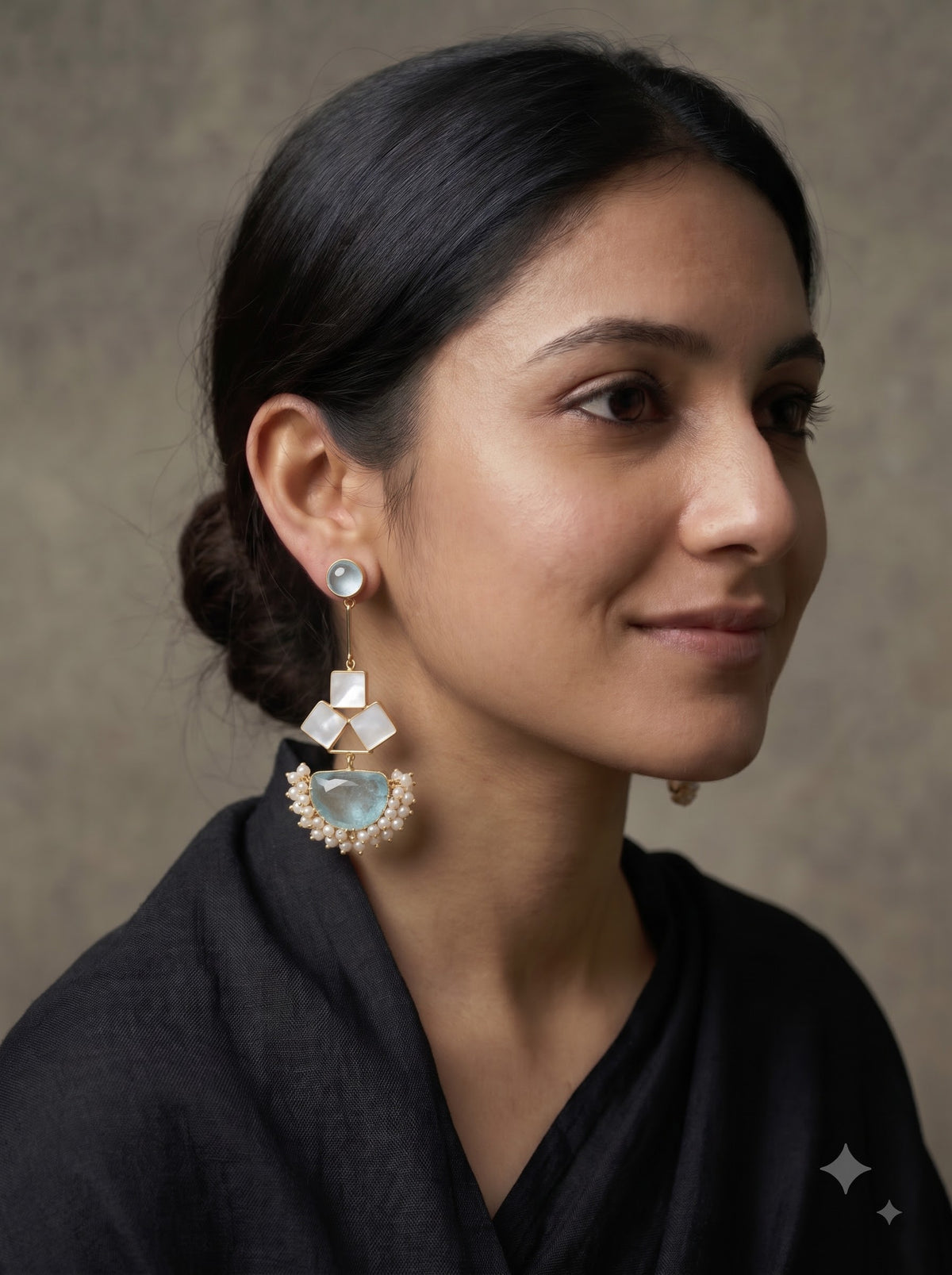 Aqua Moon & Pearl Drop Earrings with Natural Gemstones