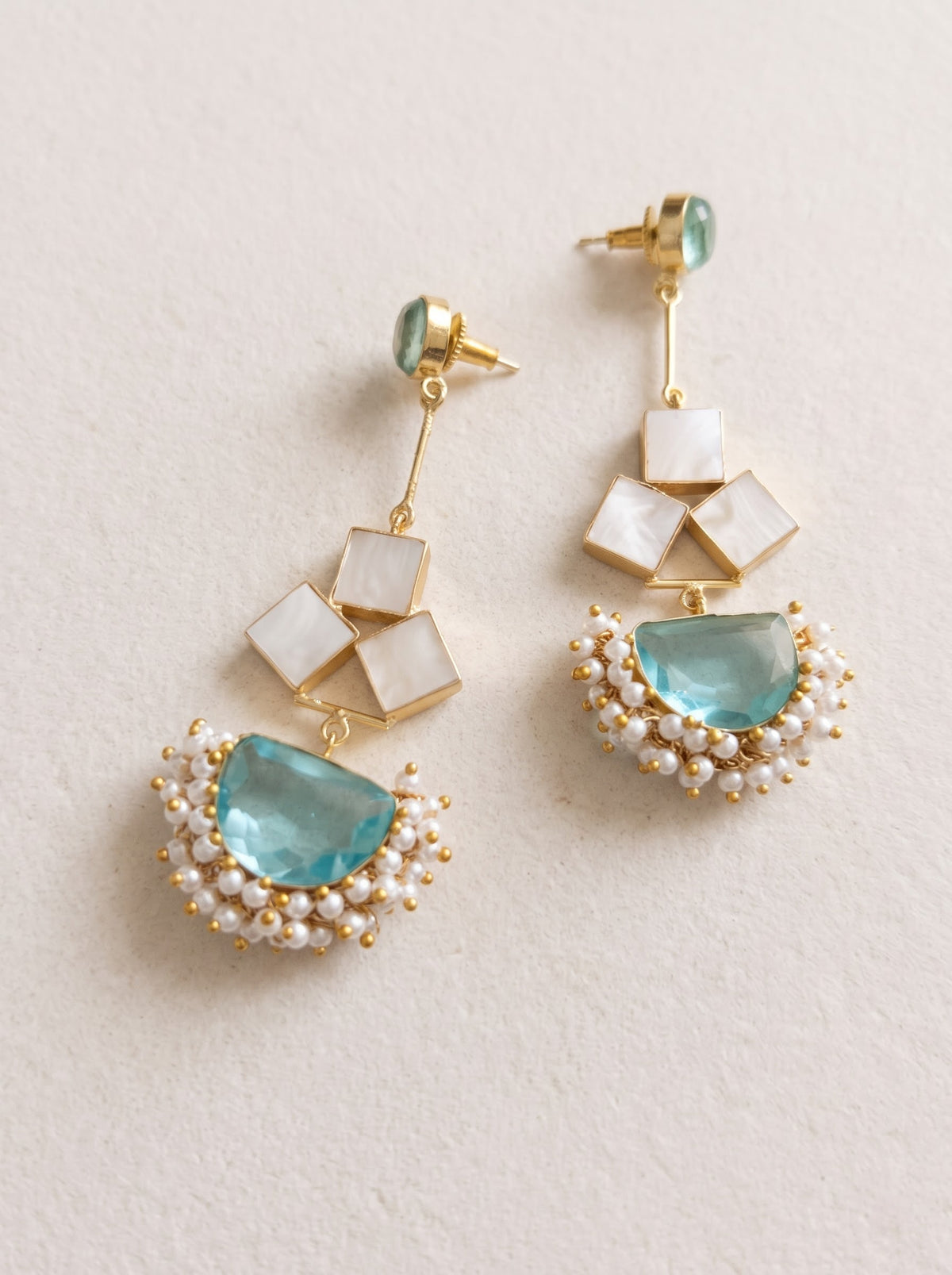 Aqua Moon & Pearl Drop Earrings with Natural Gemstones