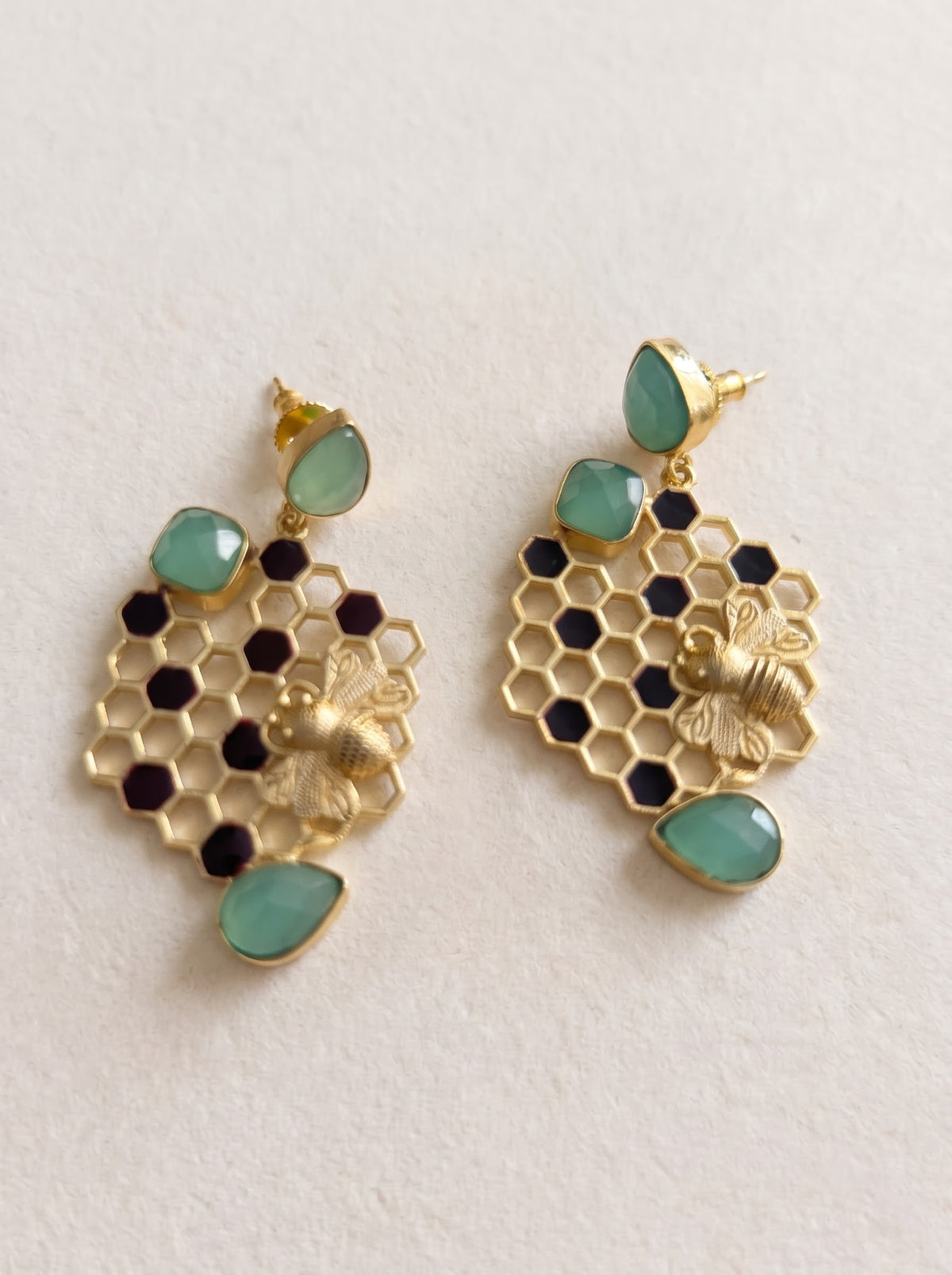 Honeycomb Bee Gold Drop Earrings with Natural Gemstones