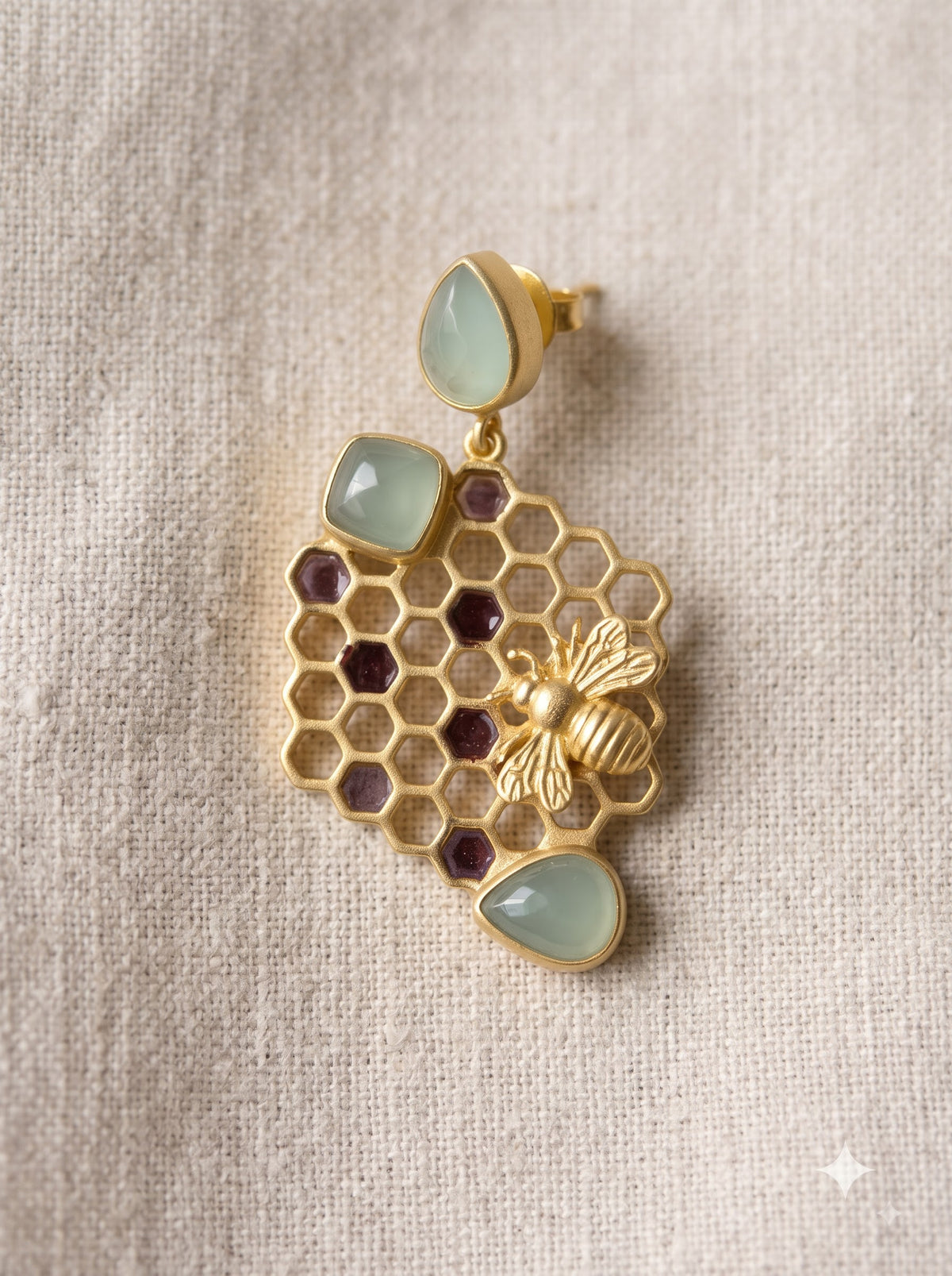 Honeycomb Bee Gold Drop Earrings with Natural Gemstones