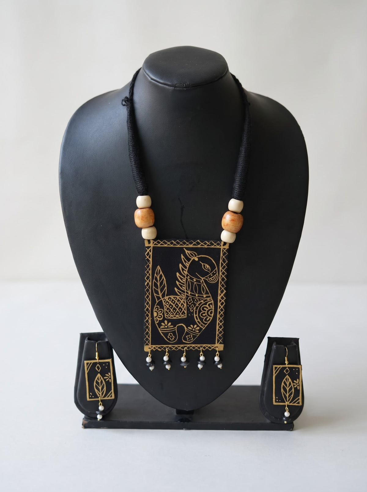 Hand Painted Fabric Black and Gold Necklace Set