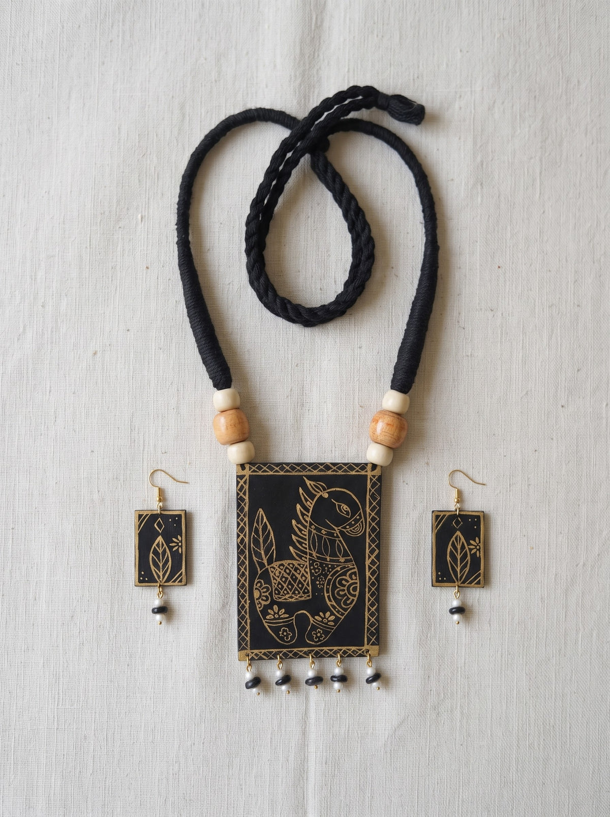 Hand Painted Fabric Black and Gold Necklace Set