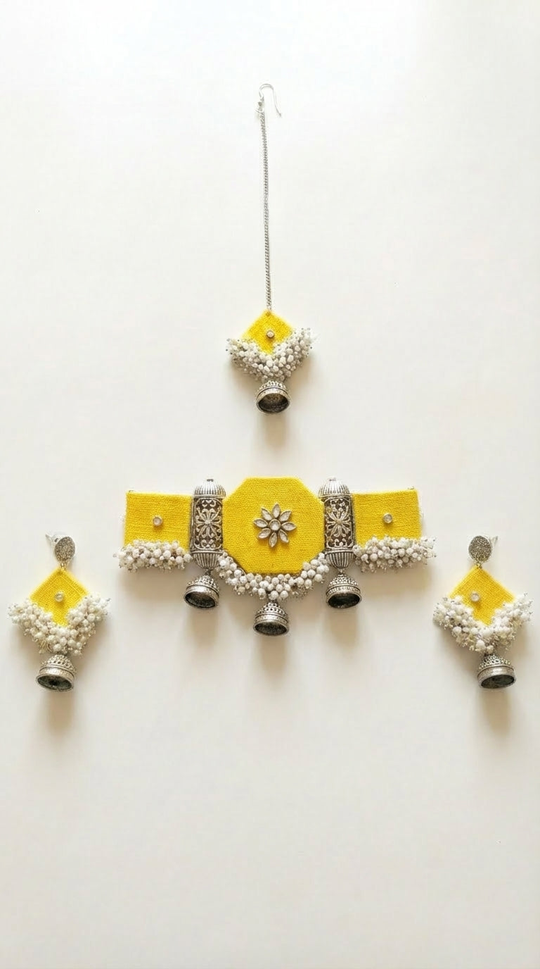 Yellow Pearl Choker Fabric Necklace Set with Maang Tika