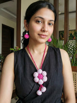White and Pink Fabric Kantha Embroidered Flower Thread Closure Necklace Set