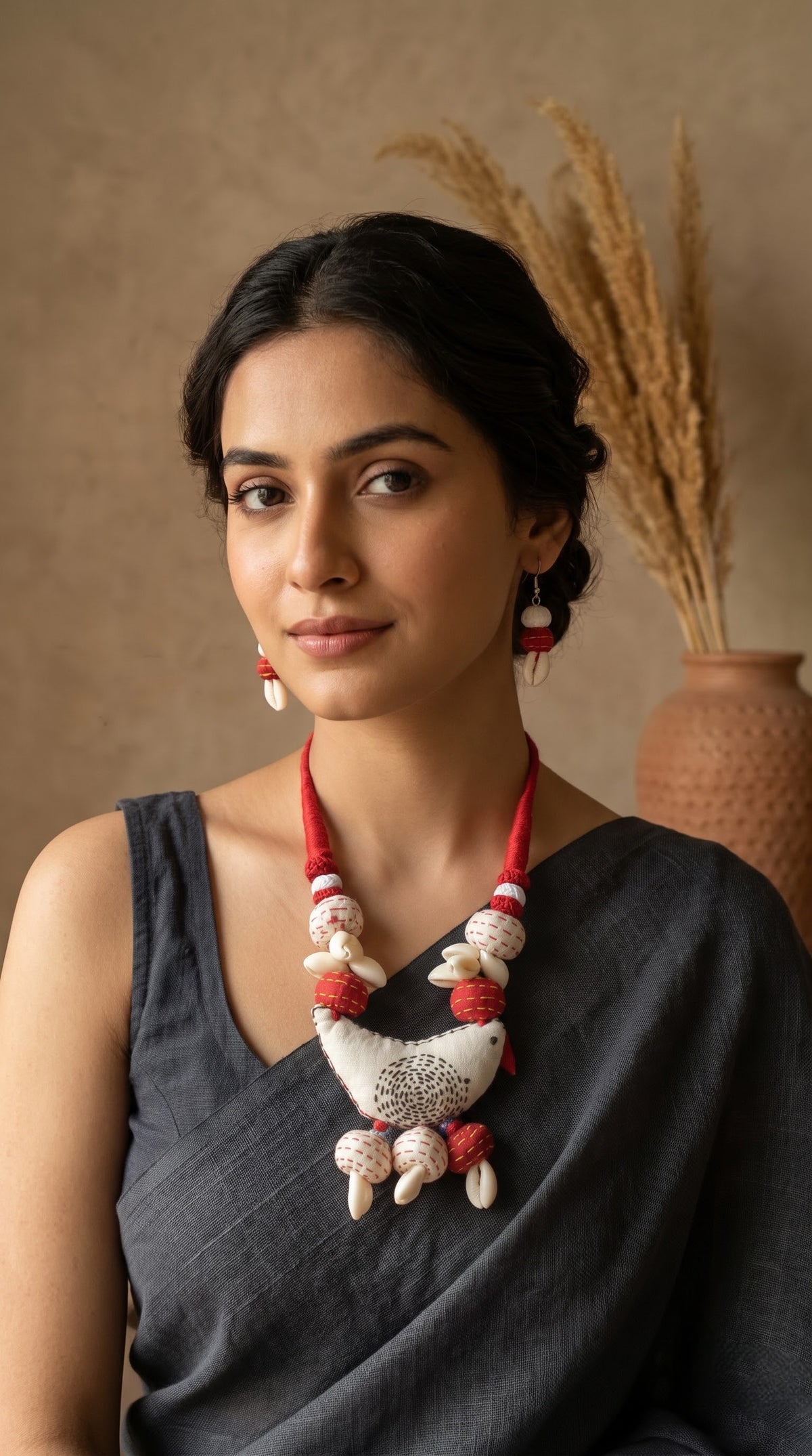 Kantha Embroidered Red and White Bird Fabric Handmade Necklace Set