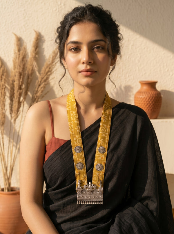 Yellow Bandhani Fabric Necklace with Oxidised Silver Temple Pendant