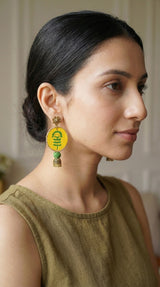 Yellow Block Printed Flower Motifs Gold Toned Fabric & Metal Earrings