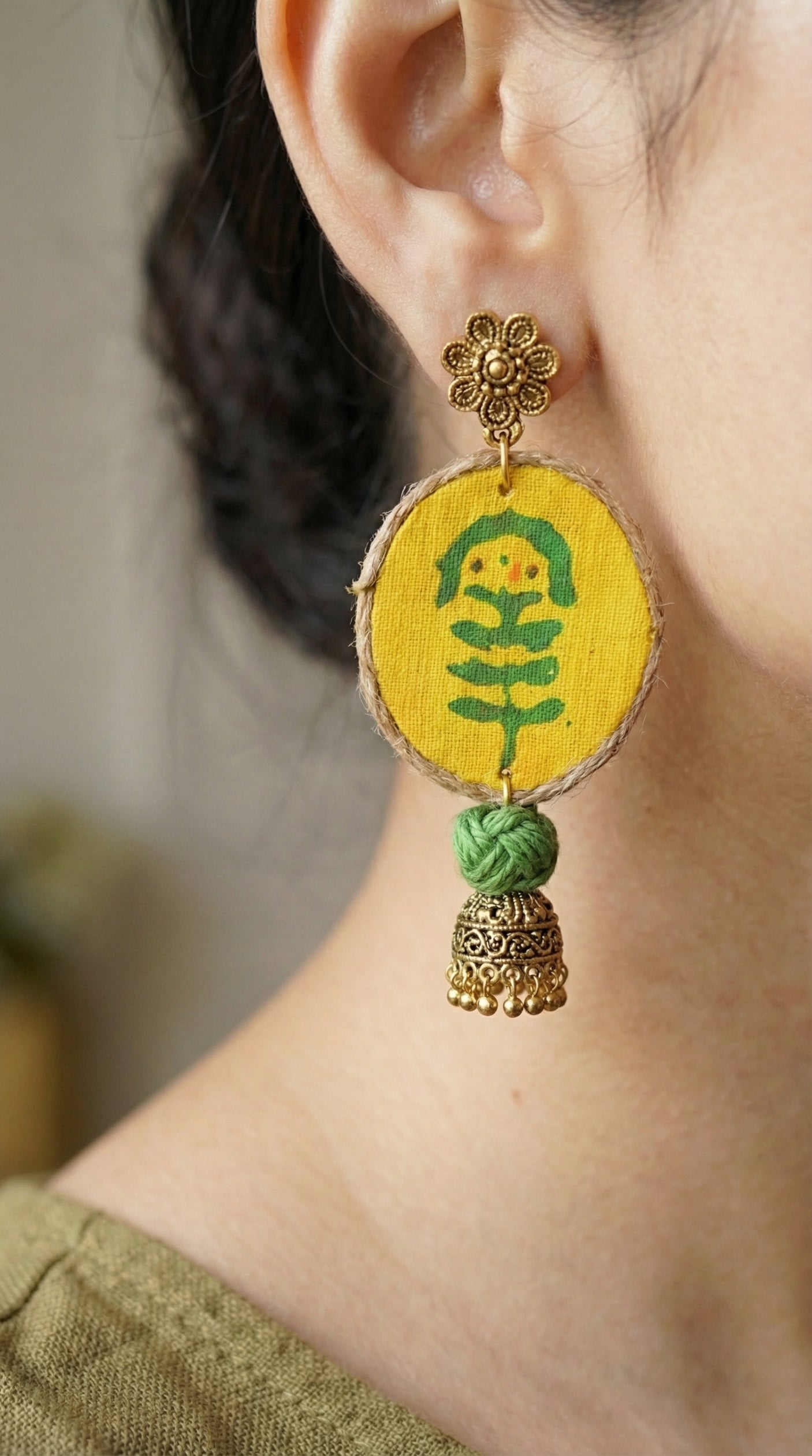 Yellow Block Printed Flower Motifs Gold Toned Fabric & Metal Earrings