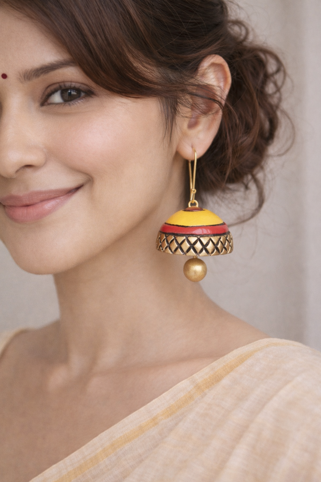 Yellow Dome Shaped Terracotta Jhumka Earrings