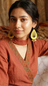 Yellow Fabric Teardrop with Black Sunburst Embroidery & Gold Coins Earrings