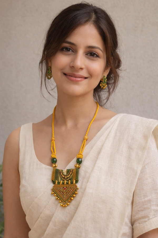 Yellow & Green Fabric and Antique Gold Finish Metal Pendant Necklace Set