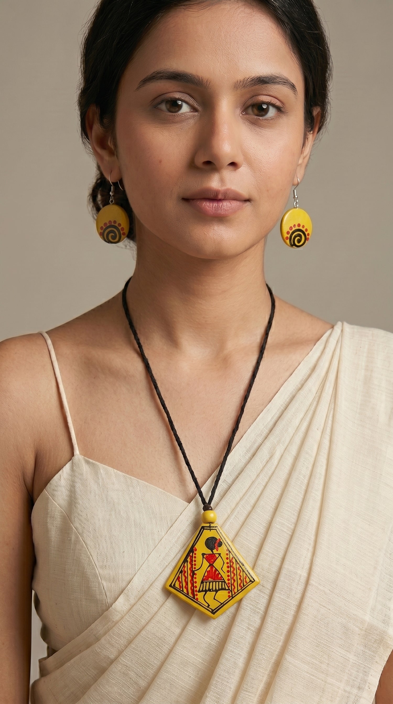 Yellow Hand Painted Tribal Motifs Thread Closure Ceramic Necklace Set