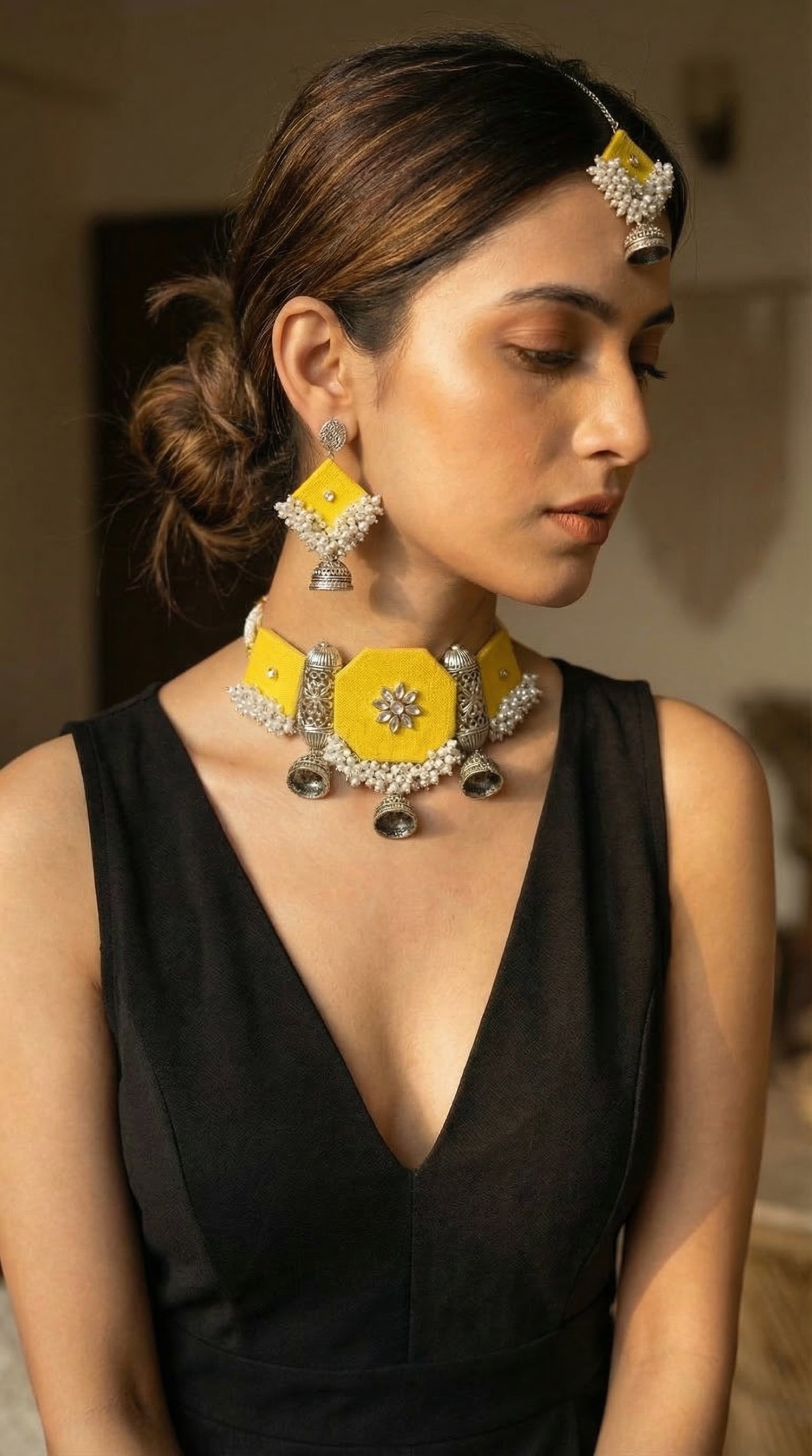 Yellow Pearl Choker Fabric Necklace Set with Maang Tika