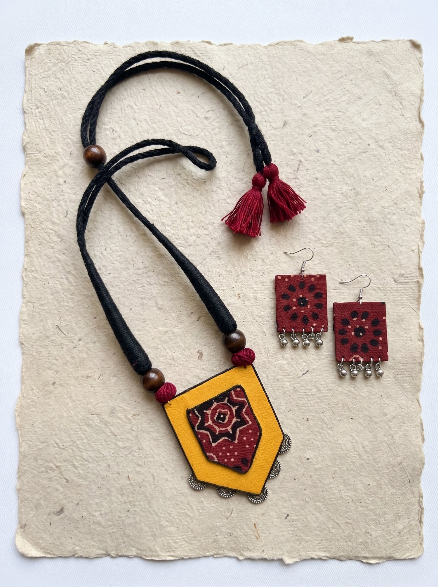 Yellow and Red Ajrakh Print Shield Pendant Necklace Set