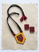 Yellow and Red Ajrakh Print Shield Pendant Necklace Set