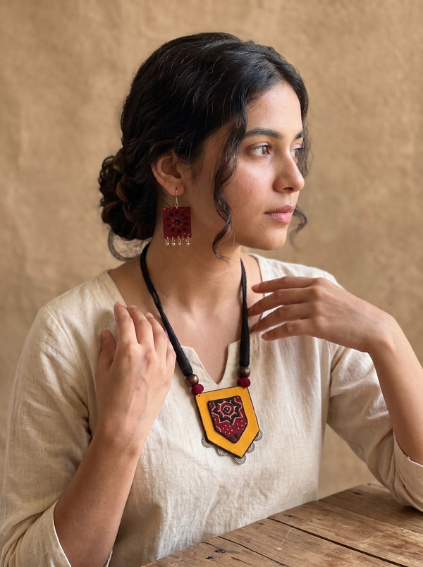 Yellow and Red Ajrakh Print Shield Pendant Necklace Set