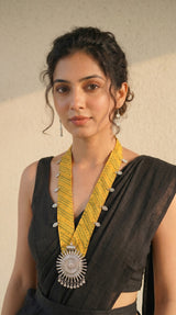 Surya Sun Medallion on Yellow Leheriya Fabric Necklace Set