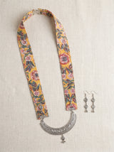 Mustard Yellow Floral Sanganeri Print Statement Pendant Collar Necklace