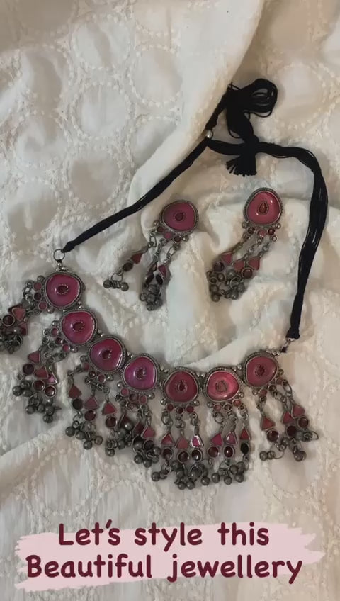 Pinkish Orange Enamel Painted Elaborate Afghani Choker Necklace Set with Adjustable Thread Closure