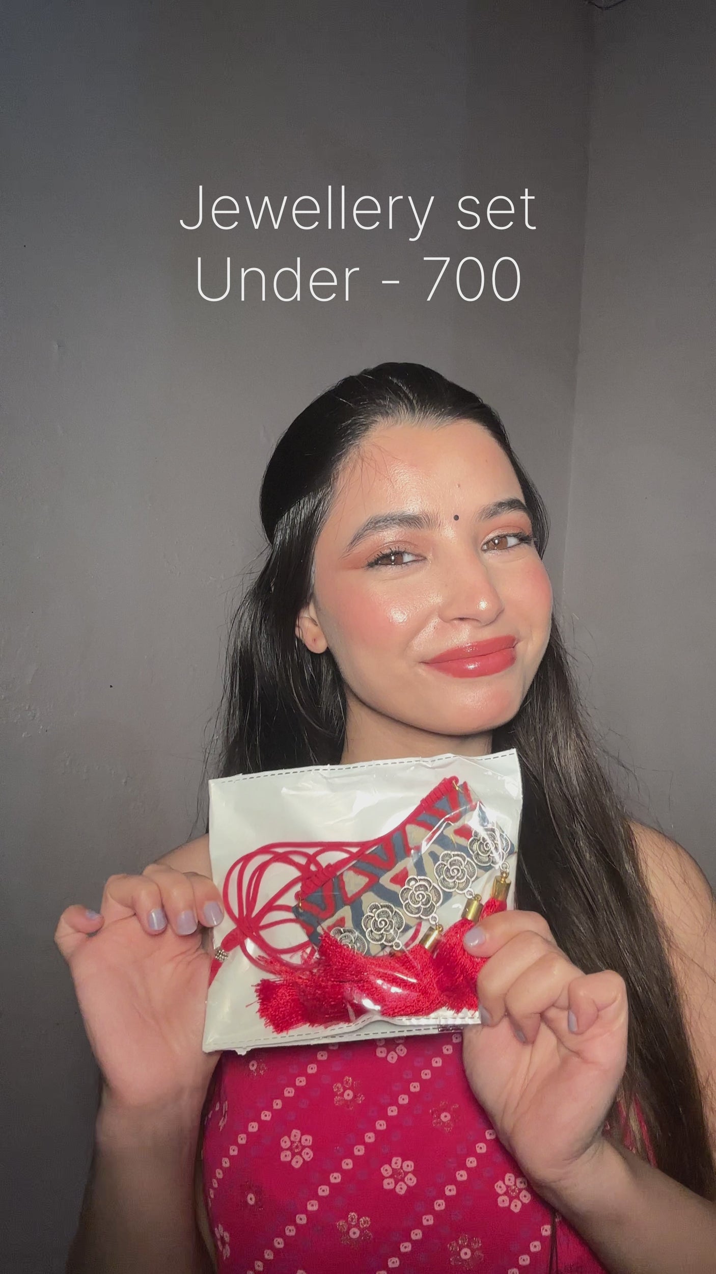 Indigo & Red Fabric Necklace Set with Thread Closure