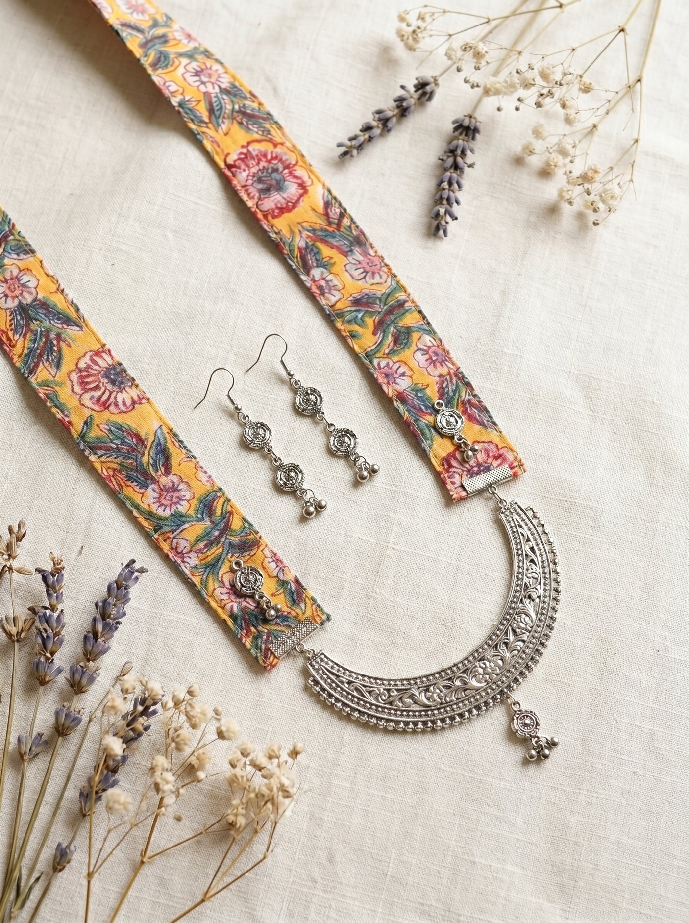 Mustard Yellow Floral Sanganeri Print Statement Pendant Collar Necklace