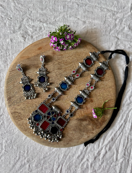 Multi-Color Enamel Painted Oxidised Finish Elaborate Long Necklace Set