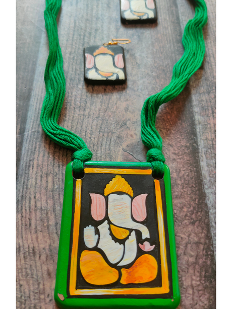 Handmade Ganesha Terracotta Necklace Set with Green Thread Closure
