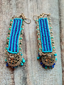 Blue Dual Tone Beads Metal Dangler Earrings with Jhumka