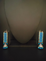 Load image into Gallery viewer, Blue Dual Tone Beads Metal Dangler Earrings with Jhumka
