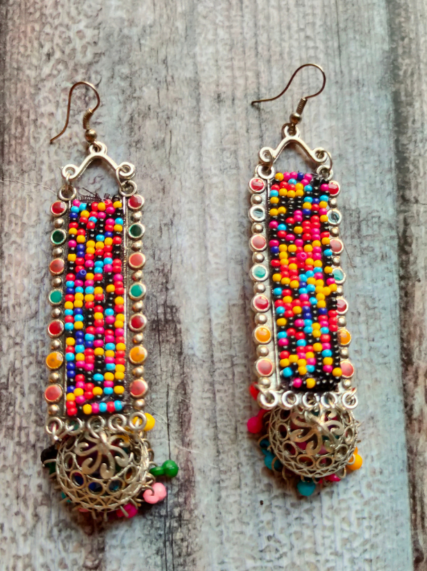 Multi-Color Beads Metal Dangler Earrings with Jhumka