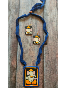 Handmade Ganesha Terracotta Necklace Set with Blue Thread Closure
