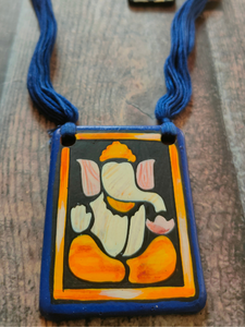 Handmade Ganesha Terracotta Necklace Set with Blue Thread Closure