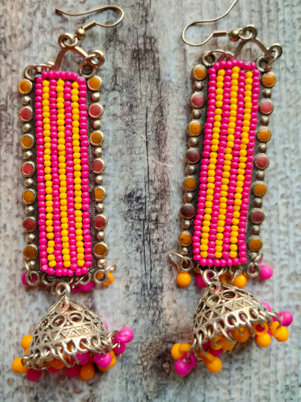 Pink and Yellow Beads Metal Dangler Earrings with Jhumka