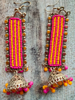 Load image into Gallery viewer, Pink and Yellow Beads Metal Dangler Earrings with Jhumka
