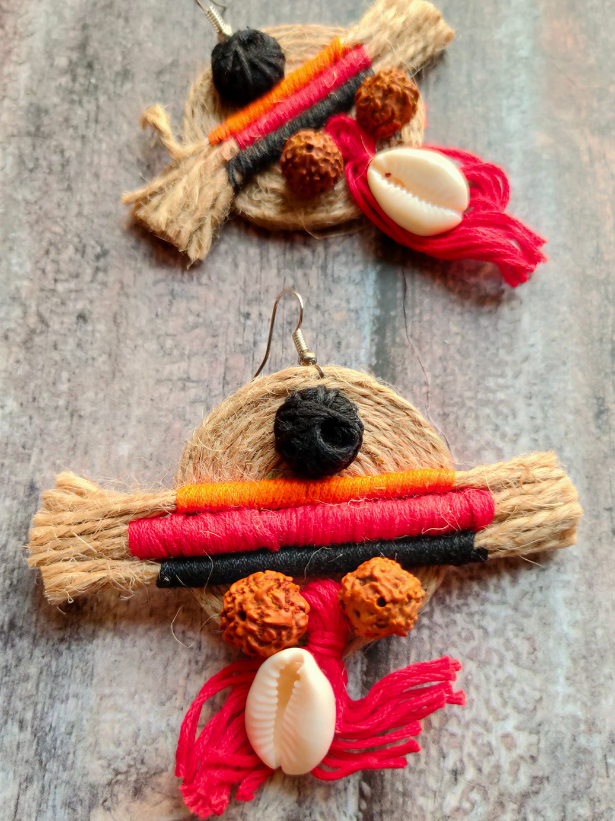 Handcrafted Jute and Fabric Thread Earrings with Shells and Rudraksha