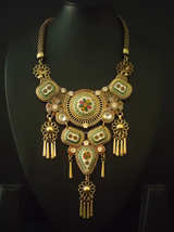 Antique Gold Finish Intricately Detailed Flowers Painted Necklace