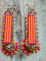 Load image into Gallery viewer, Pink and Yellow Beads Metal Dangler Earrings with Jhumka
