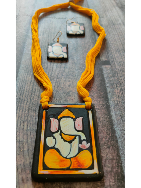 Handmade Ganesha Terracotta Necklace Set with Yellow Thread Closure