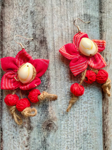Handcrafted Fabric Earrings with Shell and Jute Strings