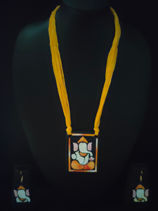 Handmade Ganesha Terracotta Necklace Set with Yellow Thread Closure