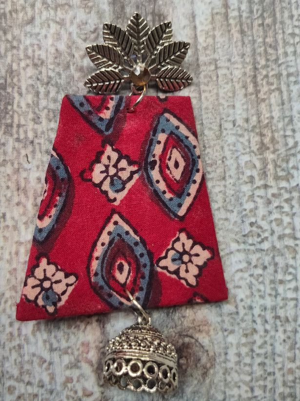 Red Fabric and Metal Dangler Earrings with Jhumka
