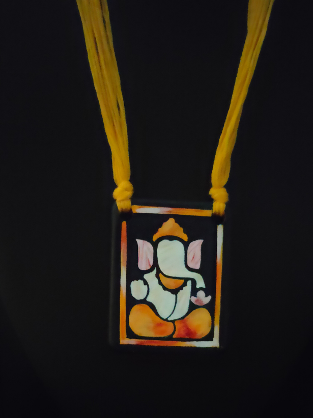 Handmade Ganesha Terracotta Necklace Set with Yellow Thread Closure