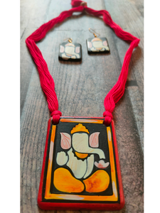 Handmade Ganesha Terracotta Necklace Set with Red Thread Closure
