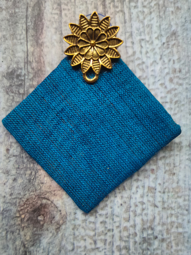 Elegant Blue Fabric Earrings with Antique Gold Finish Metal Flower