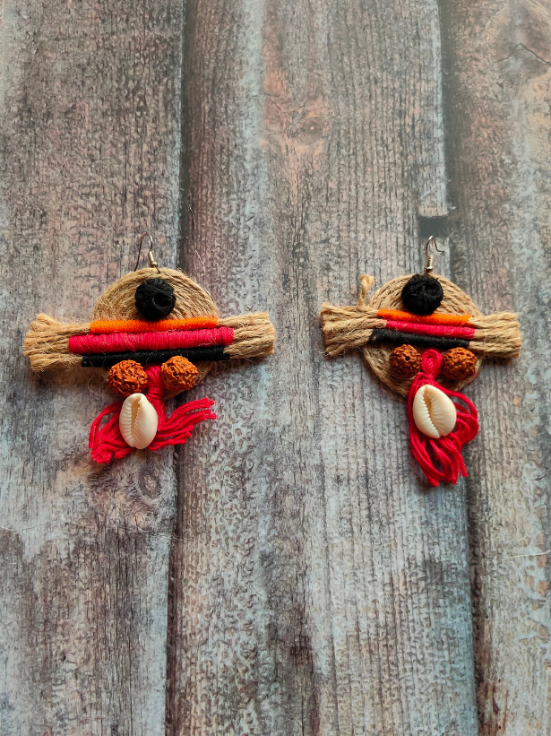 Handcrafted Jute and Fabric Thread Earrings with Shells and Rudraksha